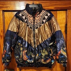 FARM Rio Borogodo Metallic Gold & Navy Patterned Reversible Puffer Jacket Small